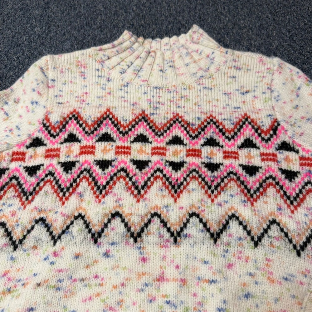 Loft Womens XS Confetti Knit Mock Neck Sweater Fair Isle Chevron Zigzag Cream